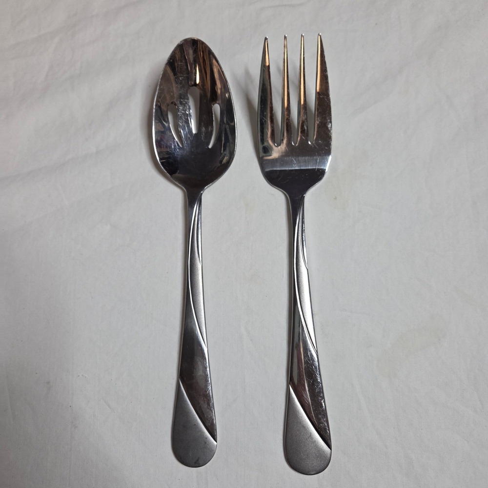 Stainless Steel Serving Spoon and Fork‎ Set Salad Utensils Silver Tone